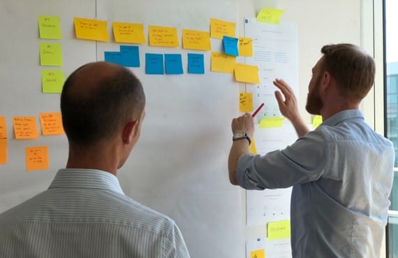 Men working on whiteboards with sticky notes