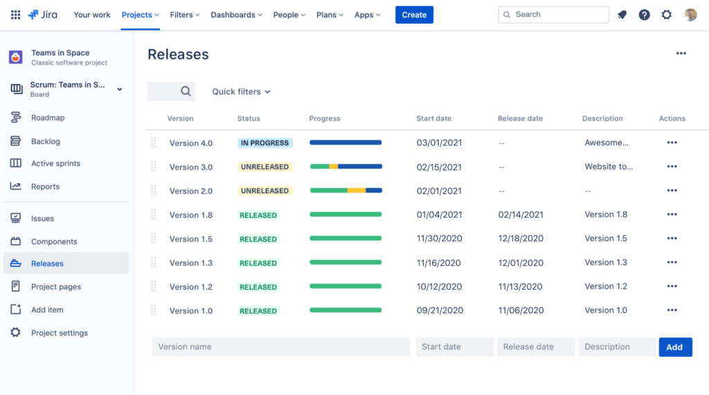 Jira releases in white background