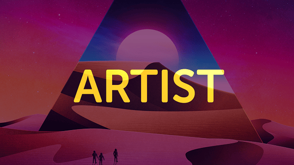 "Artist" written in gold letters on pink desert background 