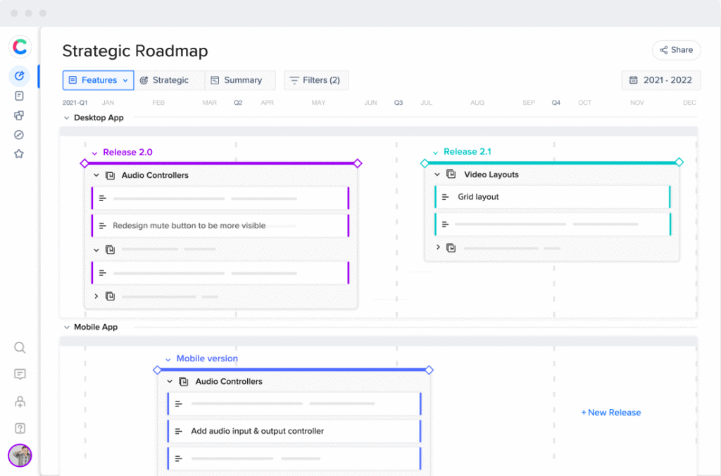 craft.io Strategic Roadmap menu in white background