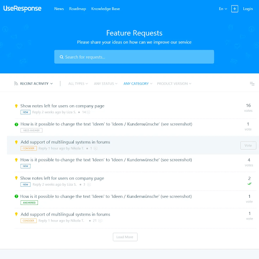 UseResponse feature requests in blue and white