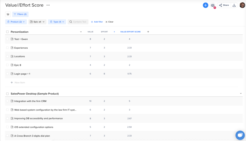 Value vs. Effort prioritization framework on craft.io